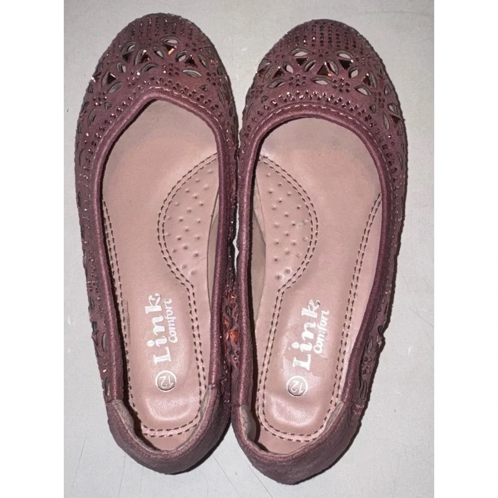 Link Comfort Girl's Pink Rhinestone Laser Cut Floral Ballet Dress Flats Size 12